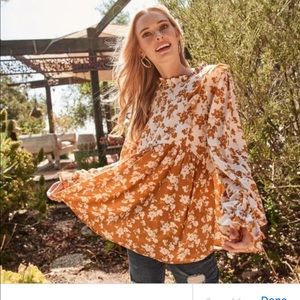 Hailey & Co boho blouse floral ruffle neck poet sleeve swing